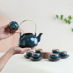 Bộ ấm trà Yên Hoa men lam hoả biến