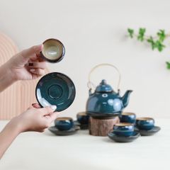 Bộ ấm trà Yên Hoa men lam hoả biến