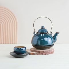 Bộ ấm trà Yên Hoa men lam hoả biến