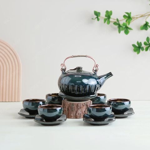 Bộ ấm trà Giang Tây lòng hoa đế khía men xanh đen hoả biến