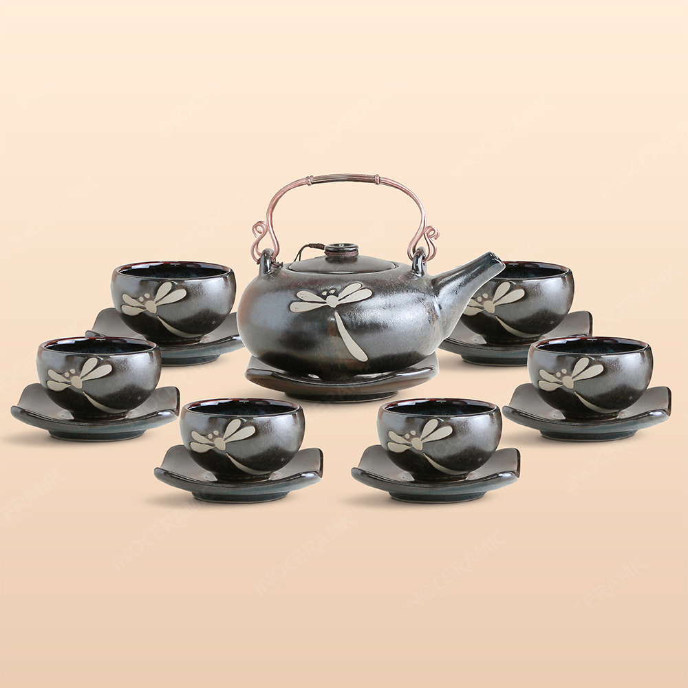 Bộ ấm trà Giang Tây lòng hoa khắc chuồn men nâu hoả biến