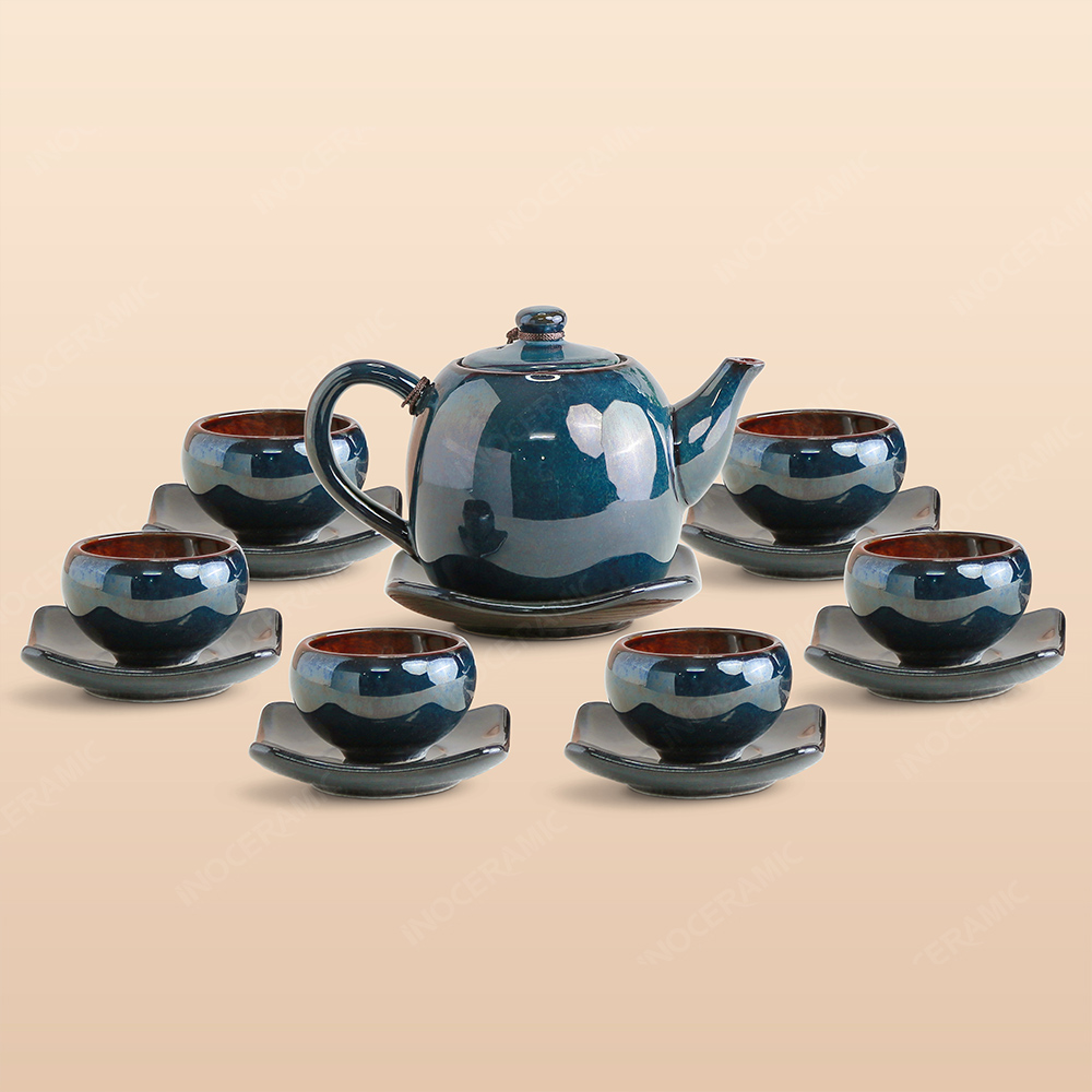 Bộ ấm trà Lạc Hoa men lam hoả biến