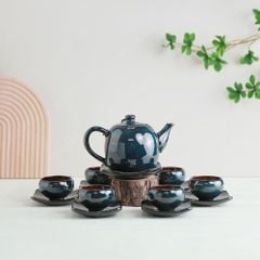 Bộ ấm trà Lạc Hoa men lam hoả biến