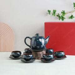 Bộ ấm trà Lạc Hoa men lam hoả biến