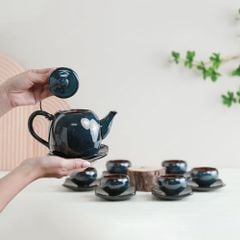 Bộ ấm trà Lạc Hoa men lam hoả biến