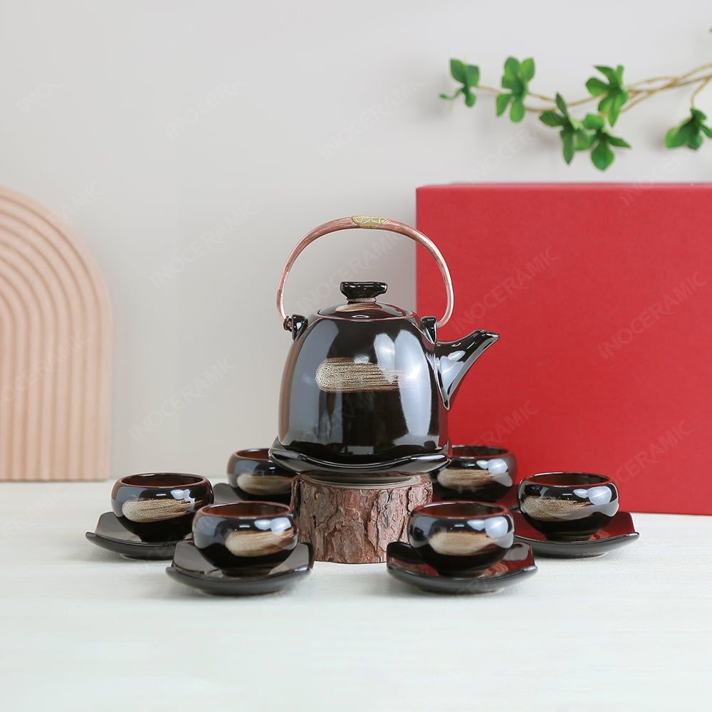 Bộ ấm trà Kim Hoa men nâu hoả biến