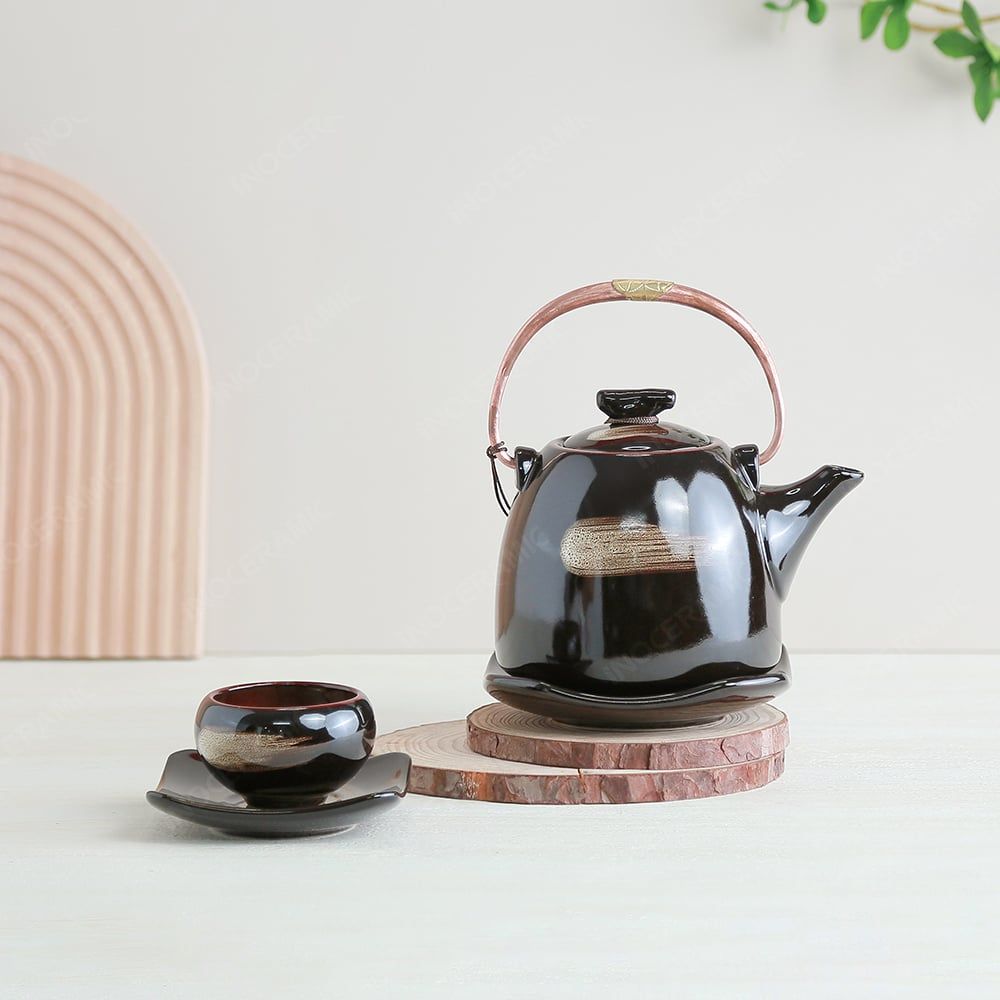 Bộ ấm trà Kim Hoa men nâu hoả biến