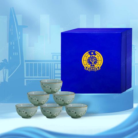 Quà tặng Công đoàn - Bộ 06 chén cơm men lam đào trắng in logo