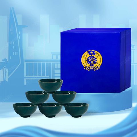 Quà tặng Công đoàn - Bộ 06 chén cơm men lam chỉ vàng in logo