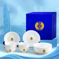Quà tặng Công đoàn - Bộ bàn ăn trắng 9 món kẻ chỉ vàng in logo