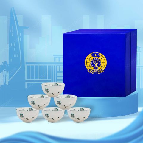 Quà tặng Công đoàn - Bộ 06 chén cơm men kem mai xanh in logo