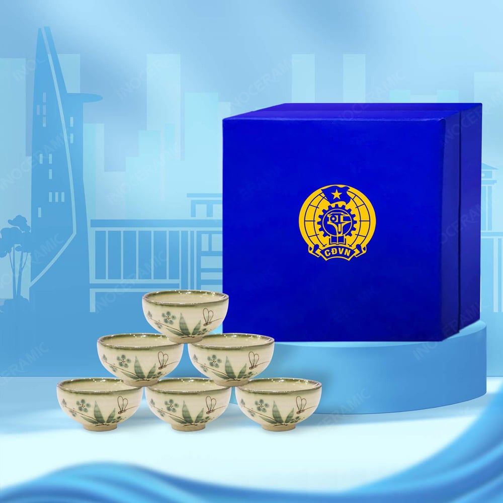 Quà tặng Công đoàn - Bộ 06 chén cơm men xanh đào chuồn in logo