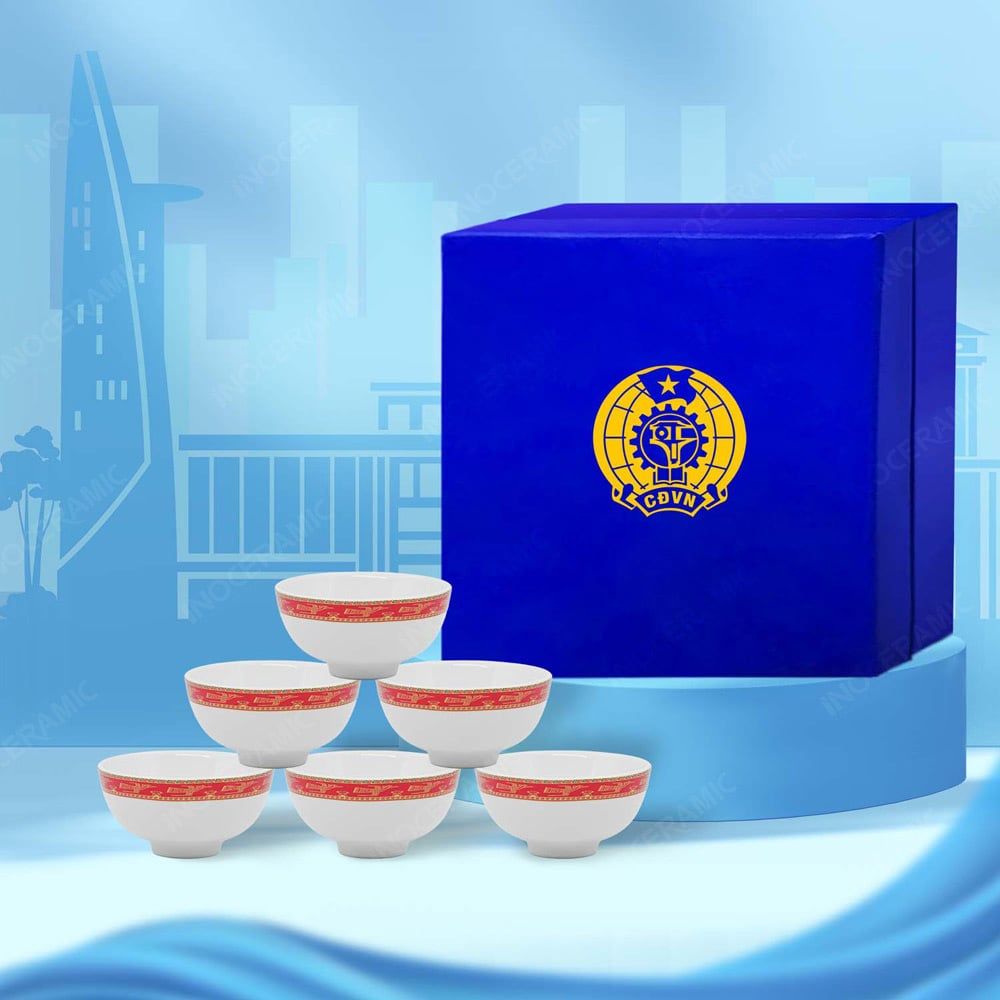Quà tặng Công đoàn - Bộ 06 chén cơm viền hạc đỏ in logo