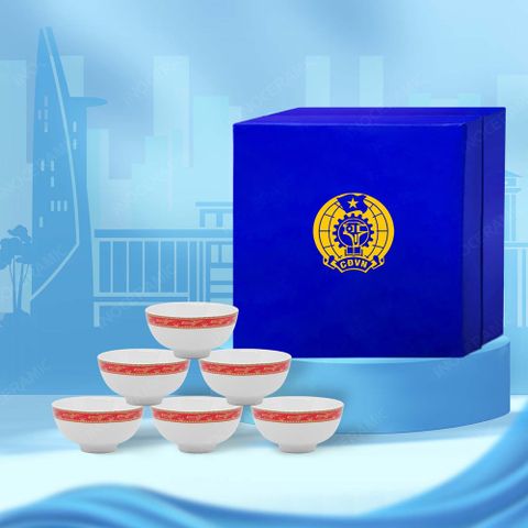 Quà tặng Công đoàn - Bộ 06 chén cơm viền hạc đỏ in logo