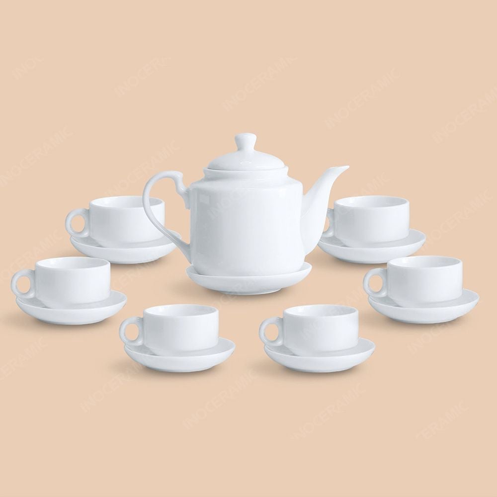 Bộ ấm trà Phúc Tâm men trắng in logo