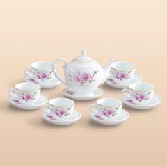Bộ trà Camelia hoa đào hồng kẻ vàng