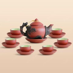 Bộ ấm trà Châu Hoa tử sa đỏ đắp nổi cành tùng