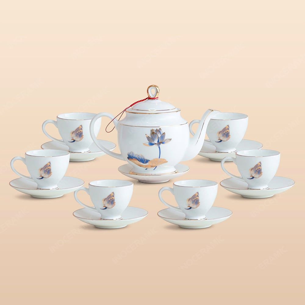 Bộ ấm trà Quyền Vương sen xanh kẻ chỉ vàng in logo