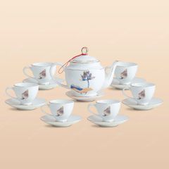 Bộ ấm trà Quyền Vương sen xanh kẻ chỉ vàng in logo