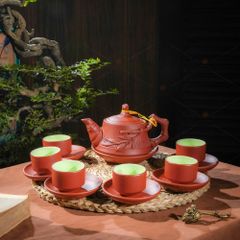Bộ ấm trà Nhã Viên tử sa đỏ đắp nổi cành trúc