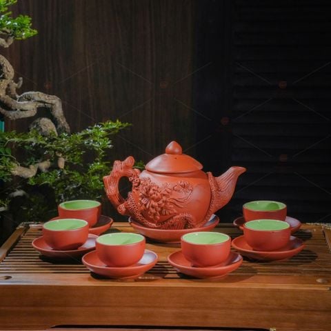 Bộ ấm trà Châu Hoa tử sa đỏ đắp nổi phù dung