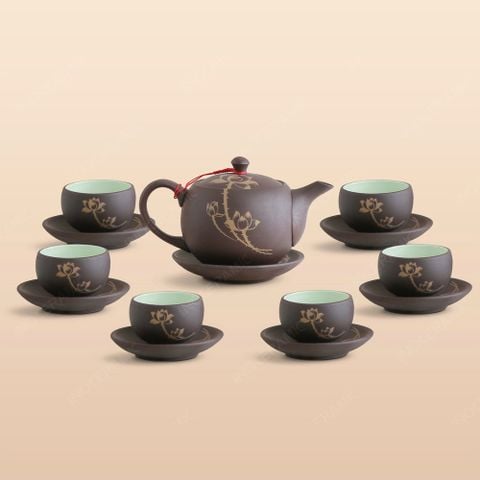 Bộ ấm trà trăng tròn hồng sa nâu vẽ sen vàng