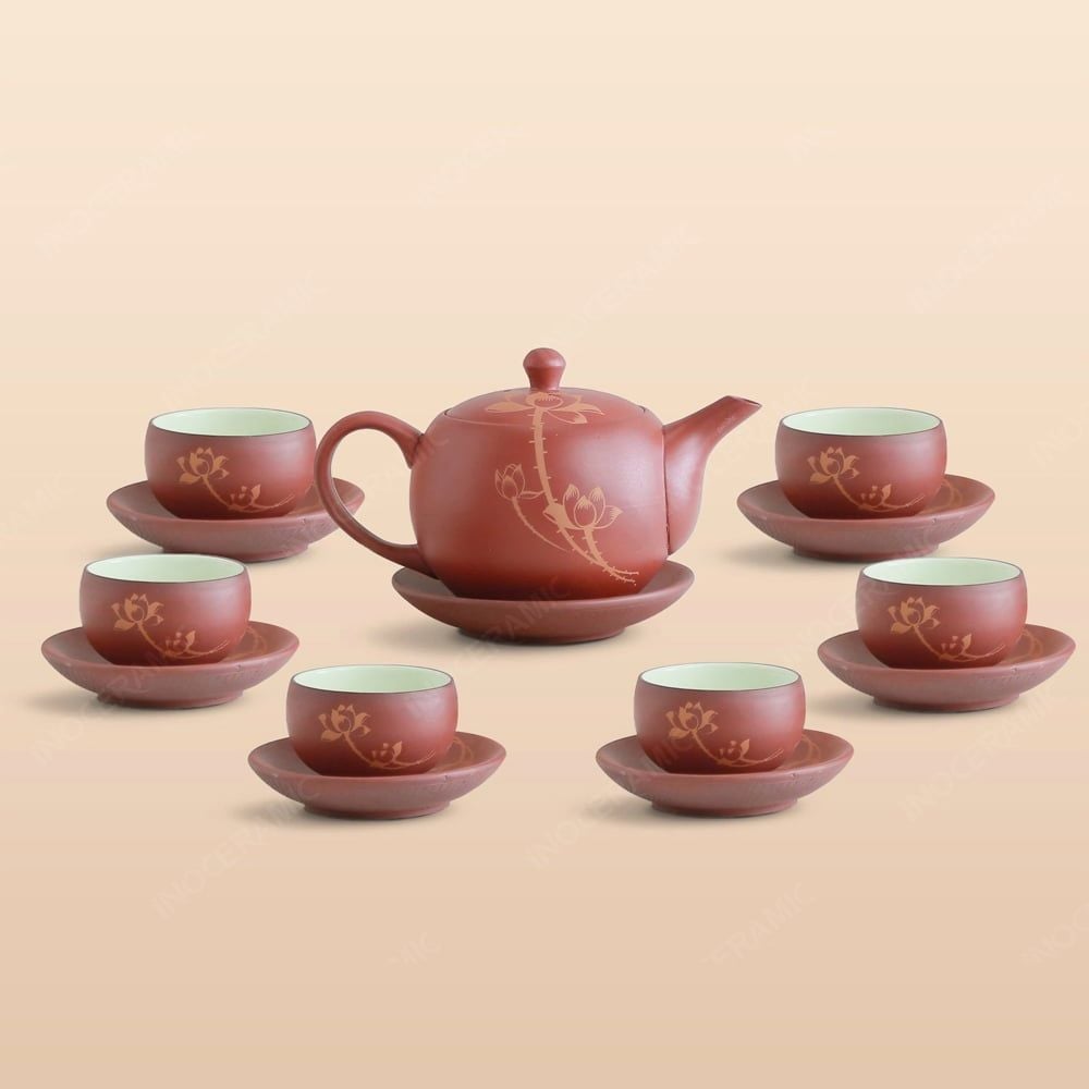 Bộ ấm trà trăng tròn hồng sa đỏ vẽ sen vàng in logo quà tặng khách hàng doanh nghiệp