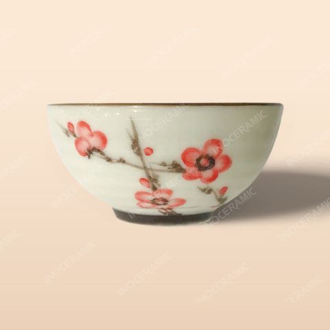 Bát súp - Bộ bàn ăn men kem vẽ Đào đỏ
