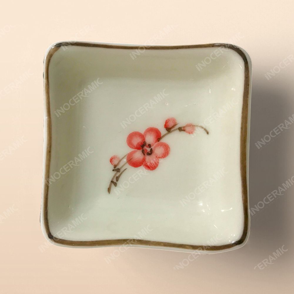 Gia vị vuông - Bộ bàn ăn men kem vẽ Đào đỏ
