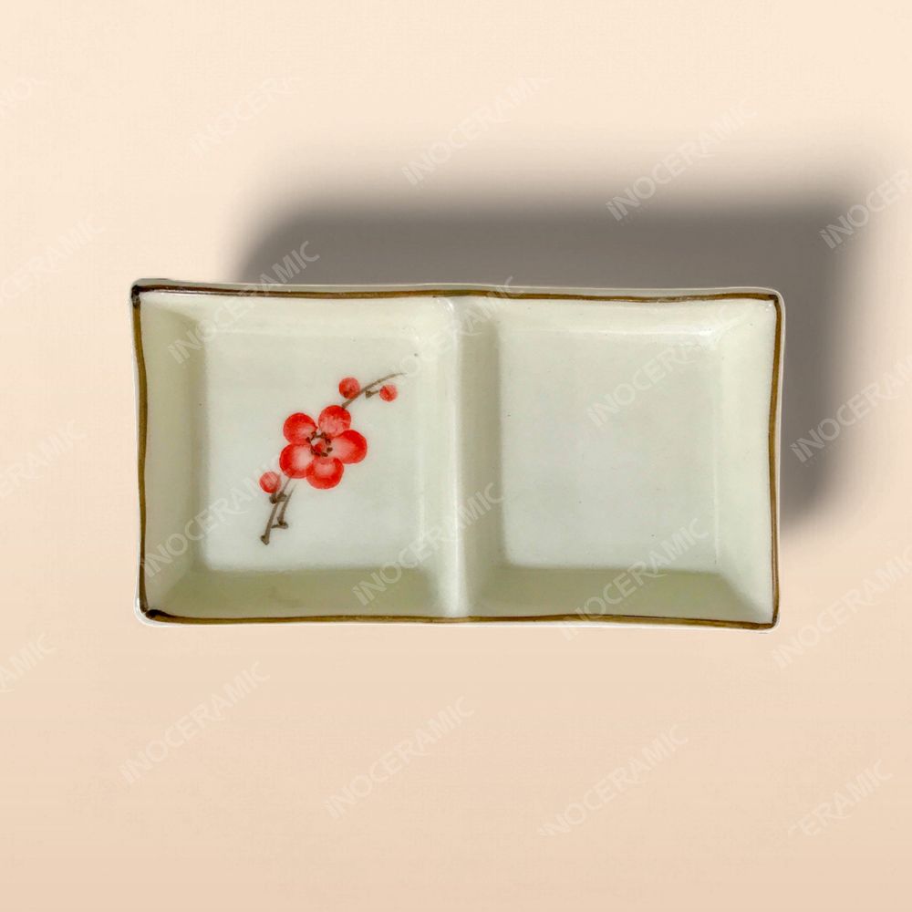 Gia vị chữ nhật 2 ngăn - Bộ bàn ăn men kem vẽ Đào đỏ