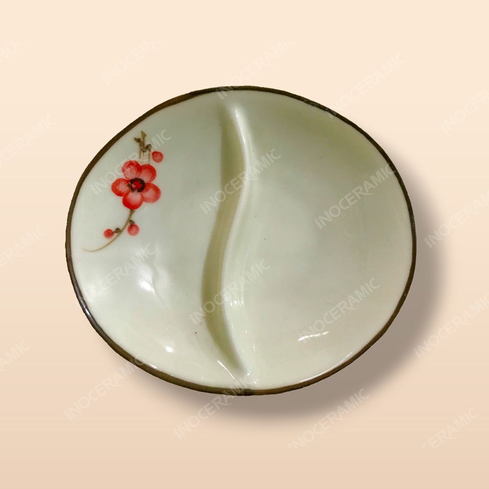 Gia vị oval 2 ngăn - Bộ bàn ăn men kem vẽ Đào đỏ