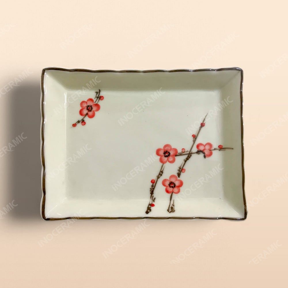 Đĩa chữ nhật lượn - Bộ bàn ăn men kem vẽ Đào đỏ