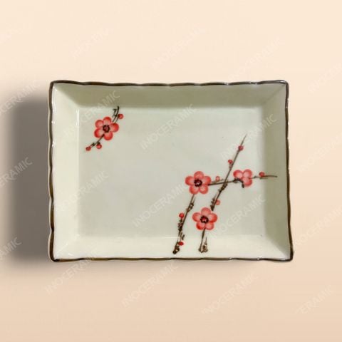 Đĩa chữ nhật lượn - Bộ bàn ăn men kem vẽ Đào đỏ