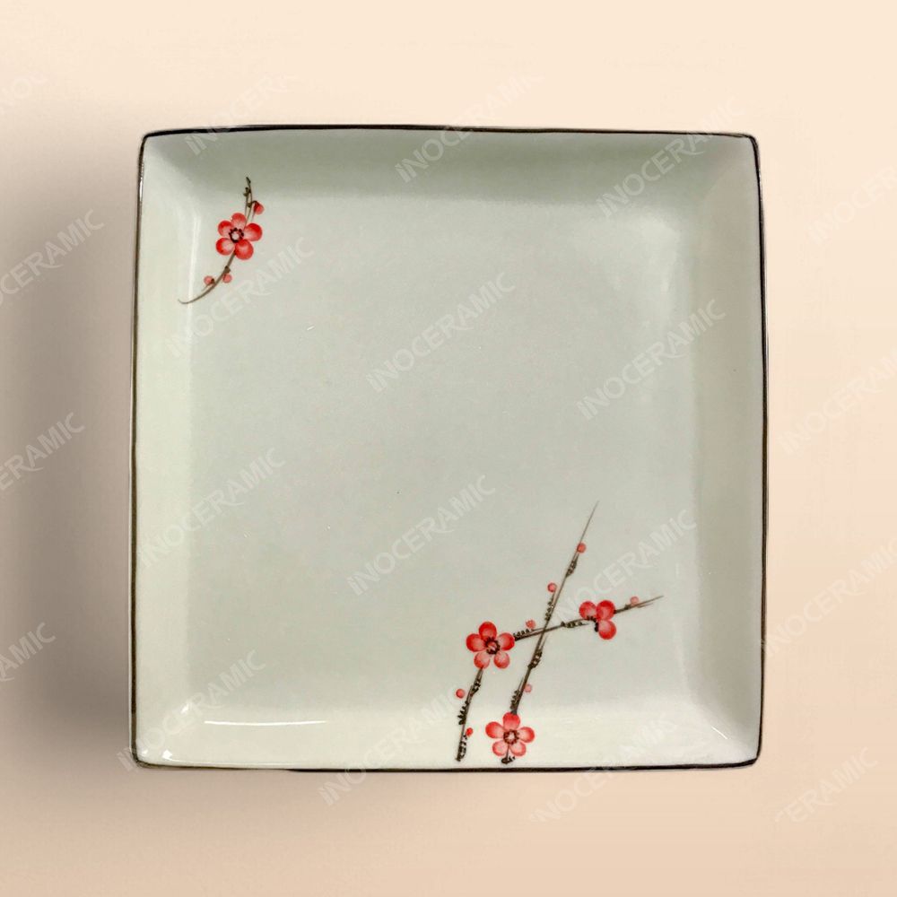 Đĩa vuông - Bộ bàn ăn men kem vẽ Đào đỏ