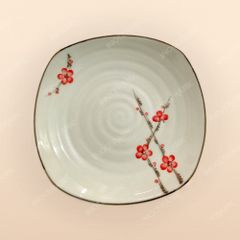 Đĩa vuông ảo - Bộ bàn ăn men kem vẽ Đào đỏ