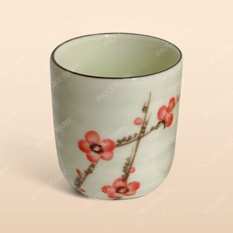 Cốc trà xanh - Bộ bàn ăn men kem vẽ Đào đỏ