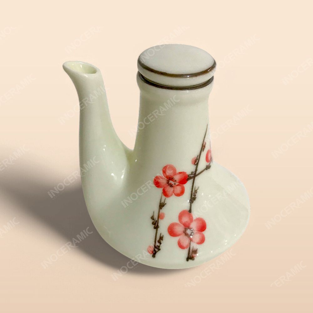Lọ mắm - Bộ bàn ăn men kem vẽ Đào đỏ