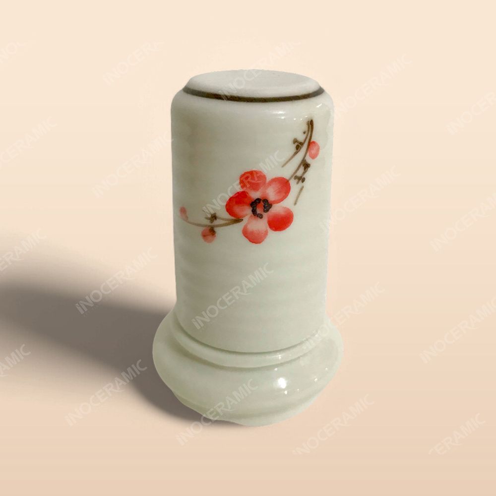 Hũ tăm - Bộ bàn ăn men kem vẽ Đào đỏ