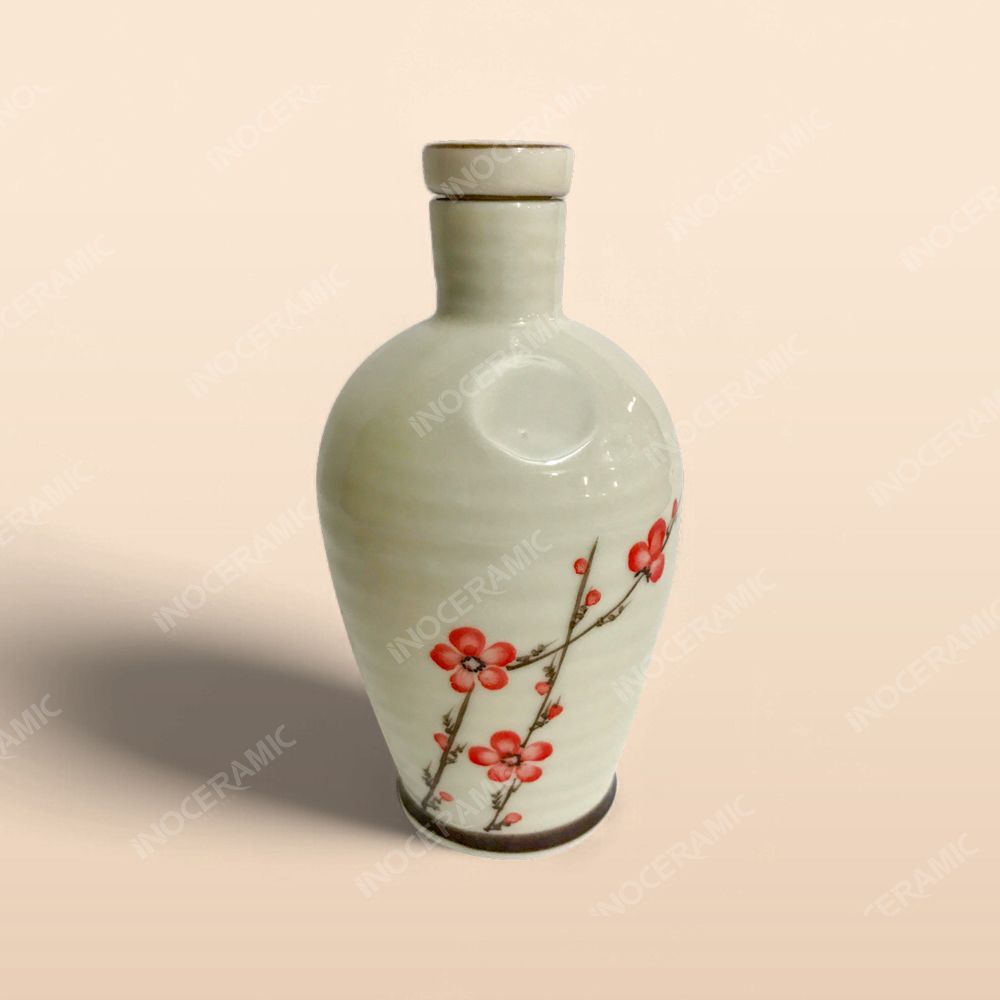 Bình rượu - Bộ bàn ăn men kem vẽ Đào đỏ