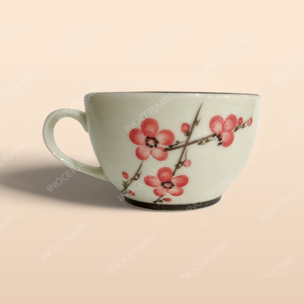 Cốc Capuchino / Cappuccino - Bộ bàn ăn men kem vẽ Đào đỏ
