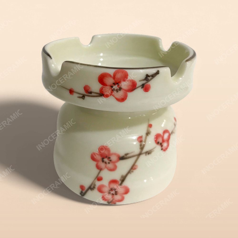 Gạt tàn cao - Bộ bàn ăn men kem vẽ Đào đỏ