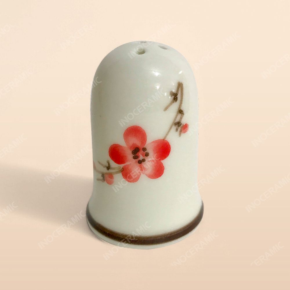 Lọ tiêu - Bộ bàn ăn men kem vẽ Đào đỏ