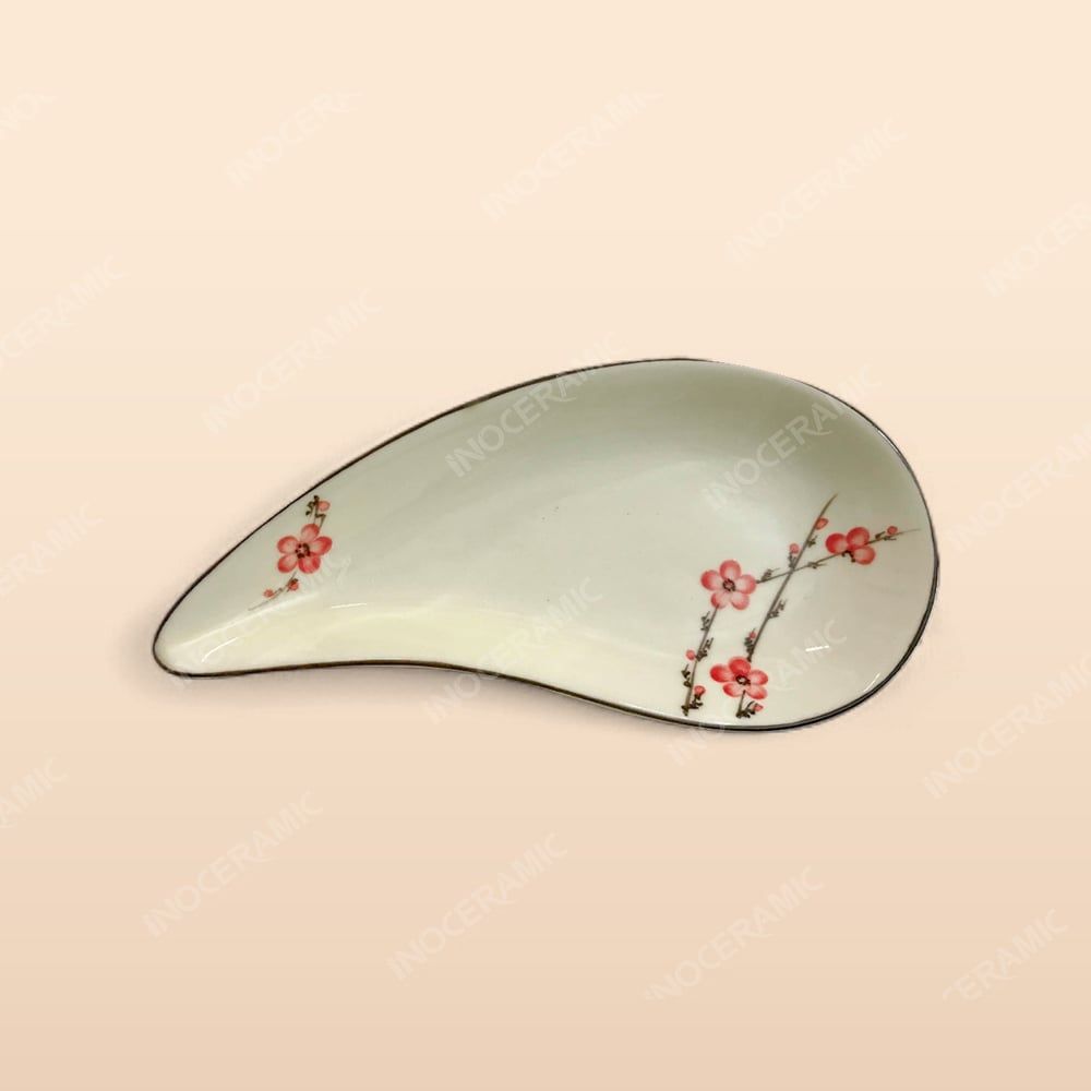 Đĩa lá cúc - Bộ bàn ăn men kem vẽ Đào đỏ