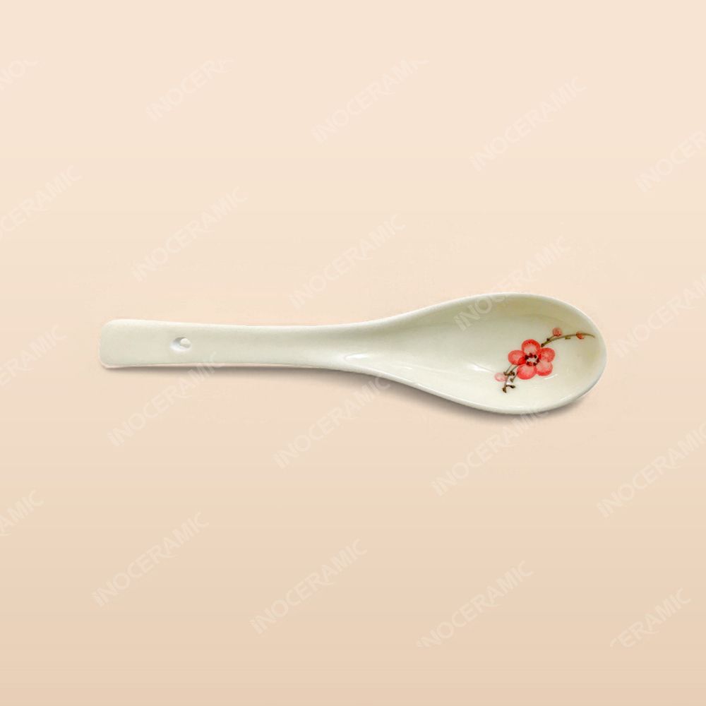 Thìa cà phê - Bộ bàn ăn men kem vẽ Đào đỏ