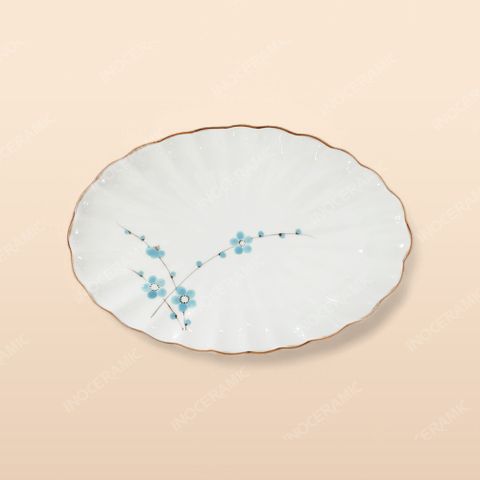 Đĩa bầu dục múi - Bộ bàn ăn men kem vẽ Đào xanh