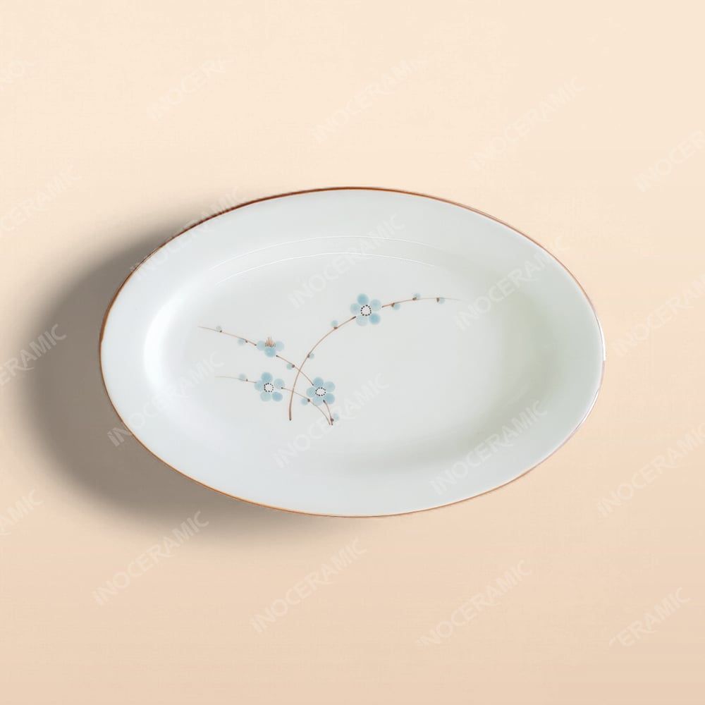 Đĩa bầu dục - Bộ bàn ăn men kem vẽ Đào xanh