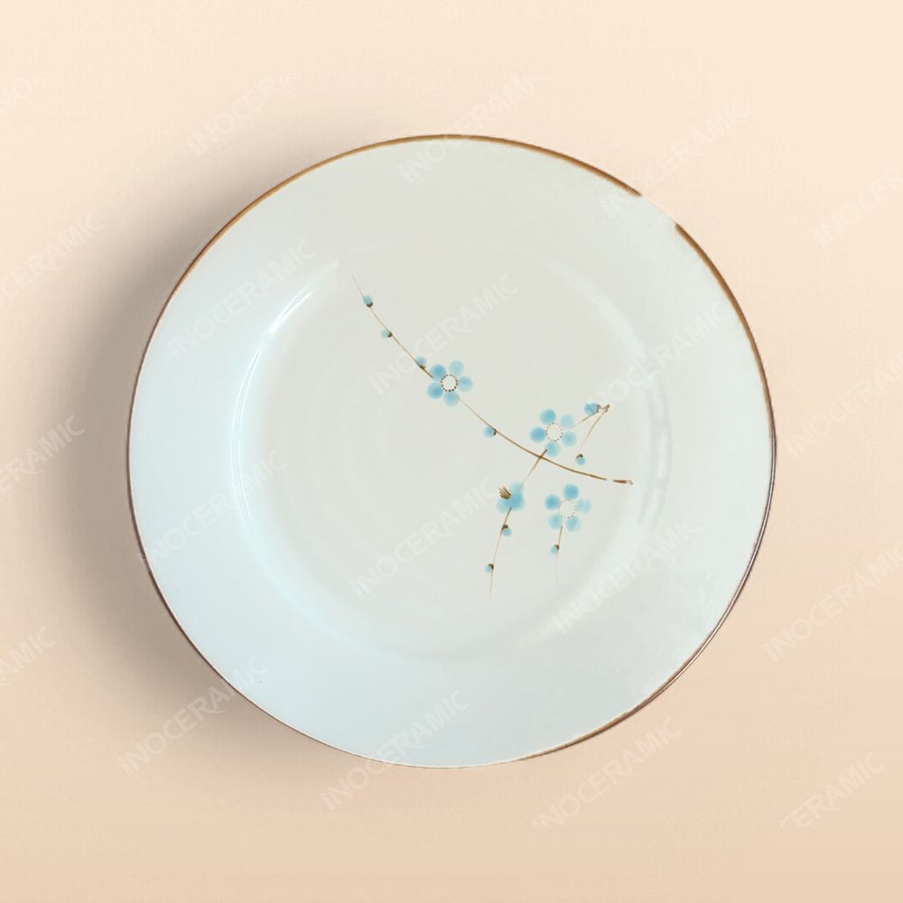 Đĩa tròn - Bộ bàn ăn men kem vẽ Đào xanh