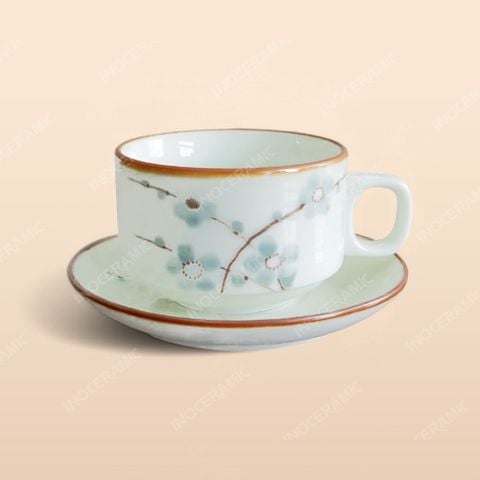 Bộ tách cà phê - Bộ bàn ăn men kem vẽ Đào xanh