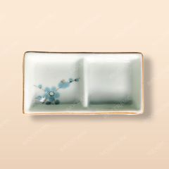 Gia vị chữ nhật 2 ngăn - Bộ bàn ăn men kem vẽ Đào xanh