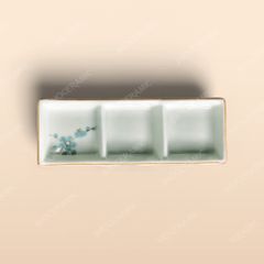 Gia vị chữ nhật 3 ngăn - Bộ bàn ăn men kem vẽ Đào xanh